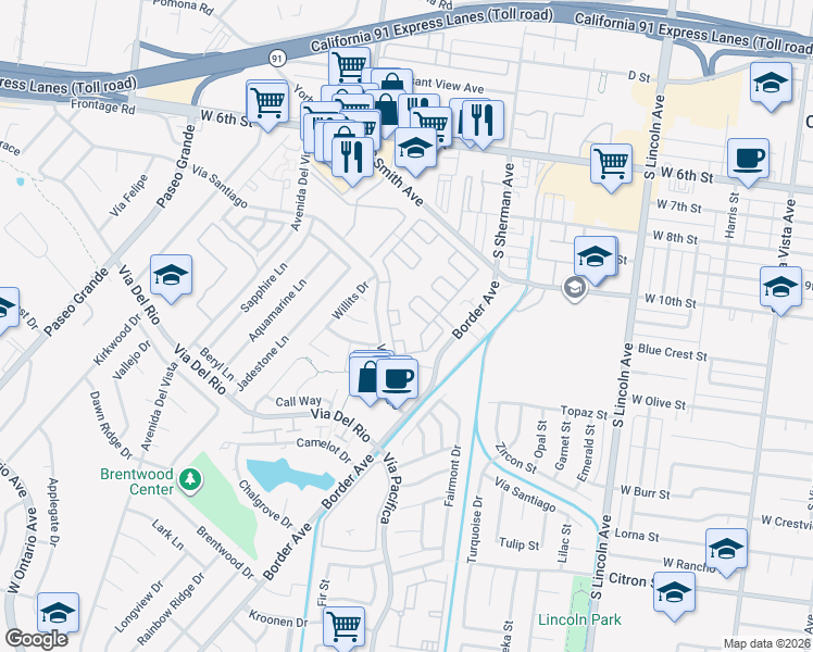 map of restaurants, bars, coffee shops, grocery stores, and more near 1138 Norwich Way in Corona