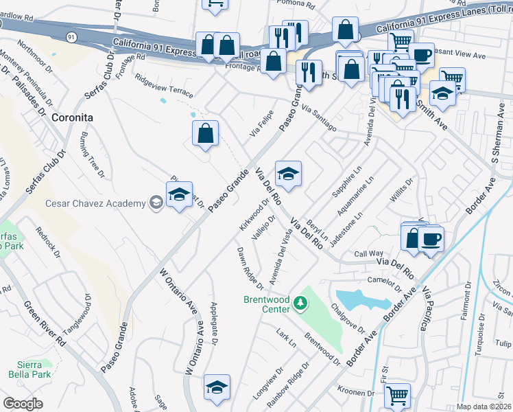 map of restaurants, bars, coffee shops, grocery stores, and more near 1370 Kirkwood Drive in Corona