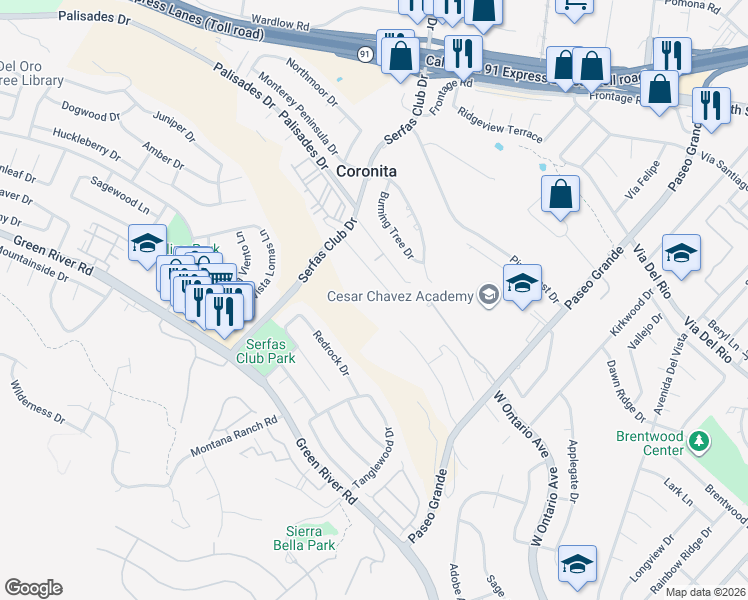 map of restaurants, bars, coffee shops, grocery stores, and more near 2083 Rancho Corona Drive in Corona