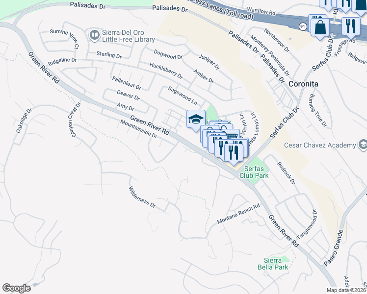 map of restaurants, bars, coffee shops, grocery stores, and more near 2802 Green River Road in Corona
