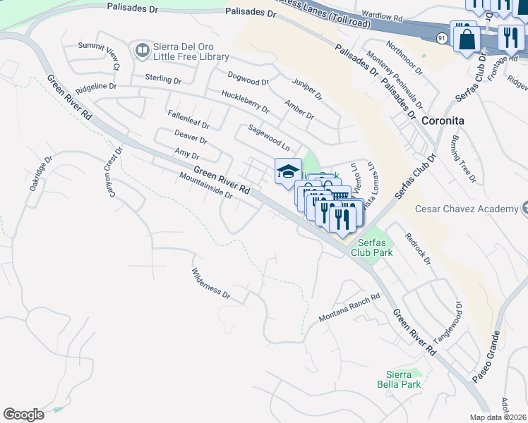 map of restaurants, bars, coffee shops, grocery stores, and more near 1215 Suncrest Drive in Corona