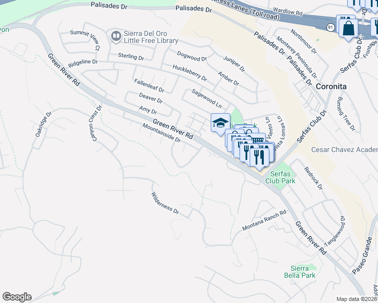 map of restaurants, bars, coffee shops, grocery stores, and more near 1227 Goldenview Drive in Corona