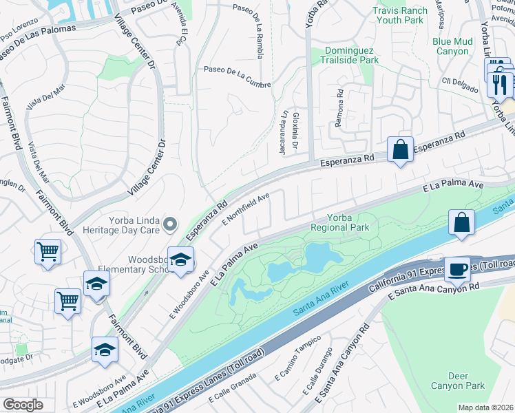 map of restaurants, bars, coffee shops, grocery stores, and more near 1270 Piedmont Drive in Anaheim