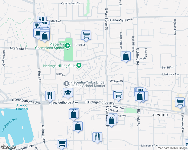 map of restaurants, bars, coffee shops, grocery stores, and more near 181 Rivera Place in Placentia