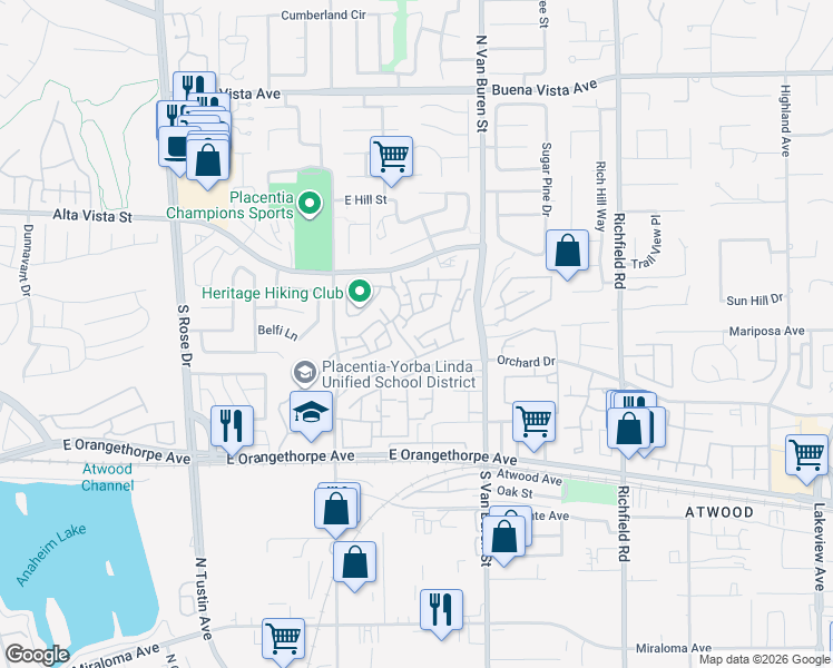 map of restaurants, bars, coffee shops, grocery stores, and more near 181 Rivera Place in Placentia