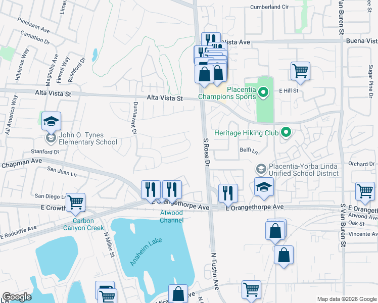 map of restaurants, bars, coffee shops, grocery stores, and more near 1166 Soto Place in Placentia