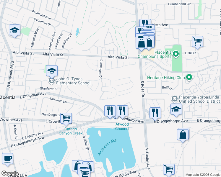 map of restaurants, bars, coffee shops, grocery stores, and more near 1046 Snow Lane in Placentia