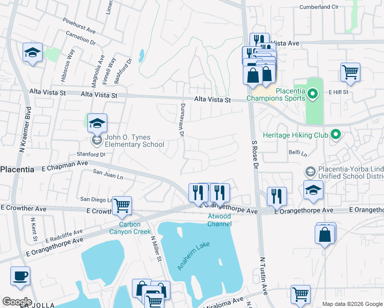map of restaurants, bars, coffee shops, grocery stores, and more near 1046 Snow Lane in Placentia