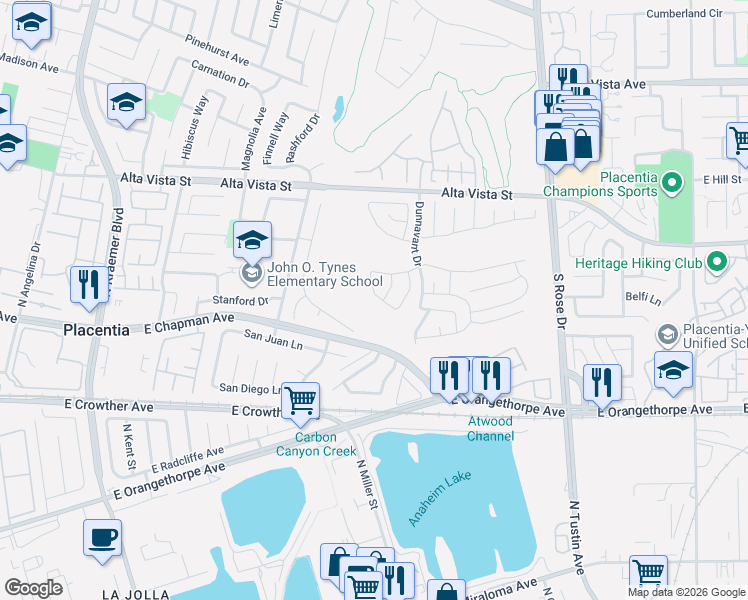 map of restaurants, bars, coffee shops, grocery stores, and more near 982 Spyglass Place in Placentia