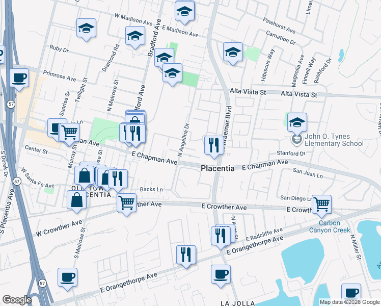 map of restaurants, bars, coffee shops, grocery stores, and more near 313 East Chapman Avenue in Placentia