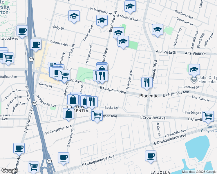 map of restaurants, bars, coffee shops, grocery stores, and more near 200 East Chapman Avenue in Placentia