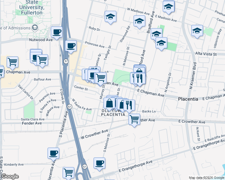 map of restaurants, bars, coffee shops, grocery stores, and more near 133 South Melrose Street in Placentia
