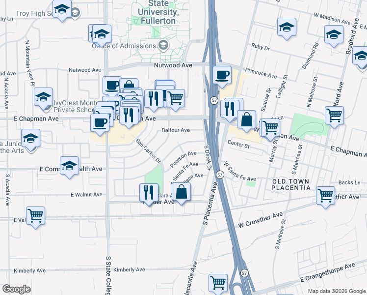 map of restaurants, bars, coffee shops, grocery stores, and more near 2545 Pearson Avenue in Fullerton