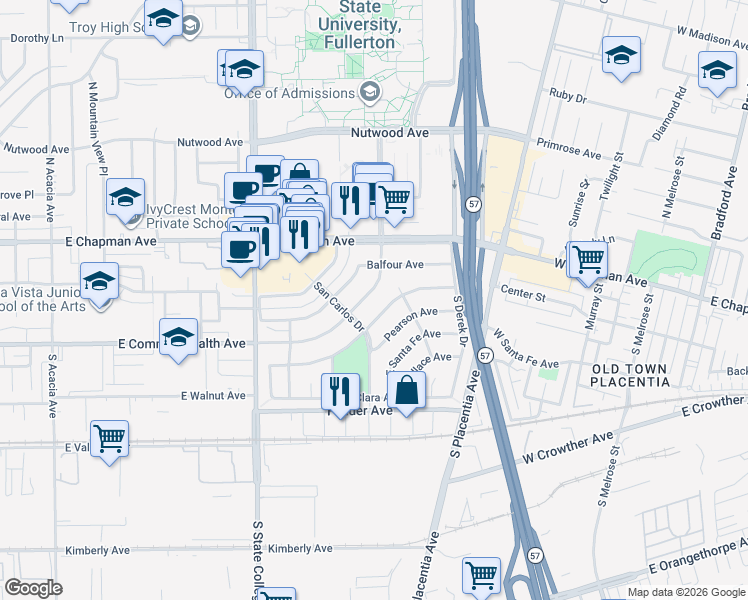 map of restaurants, bars, coffee shops, grocery stores, and more near 2500 East Commonwealth Avenue in Fullerton