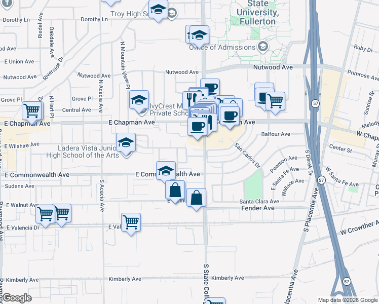 map of restaurants, bars, coffee shops, grocery stores, and more near 112 Concord Avenue in Fullerton