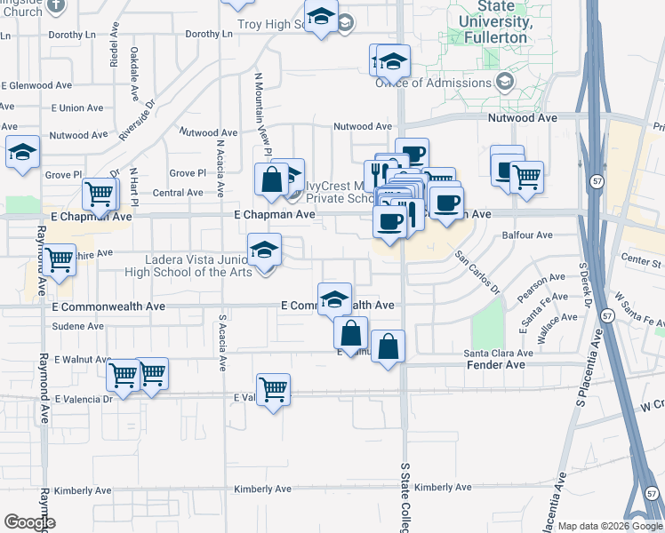 map of restaurants, bars, coffee shops, grocery stores, and more near 2218 Revere Avenue in Fullerton