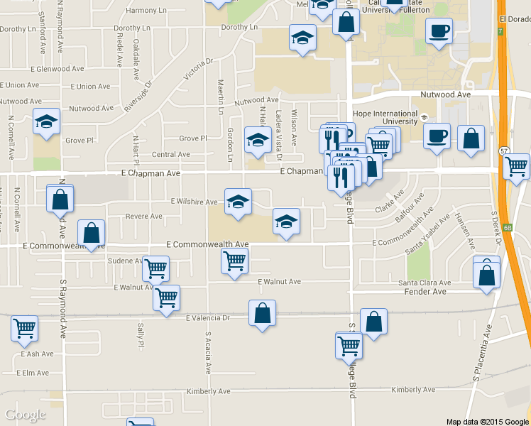 map of restaurants, bars, coffee shops, grocery stores, and more near 201 Ladera Vista Drive in Fullerton