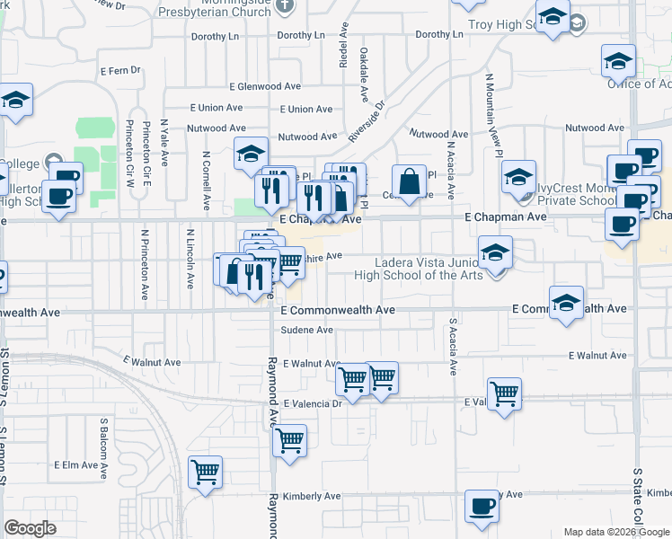 map of restaurants, bars, coffee shops, grocery stores, and more near 125 North Montague Avenue in Fullerton