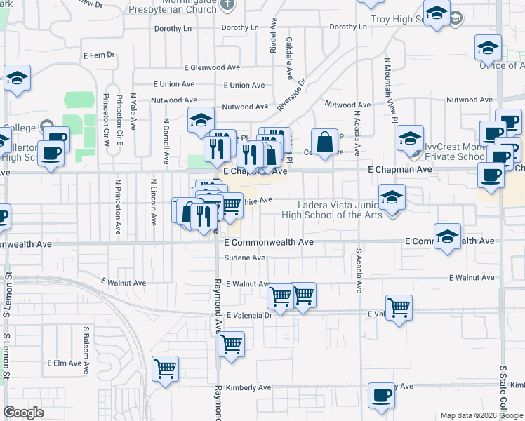 map of restaurants, bars, coffee shops, grocery stores, and more near 125 North Montague Avenue in Fullerton