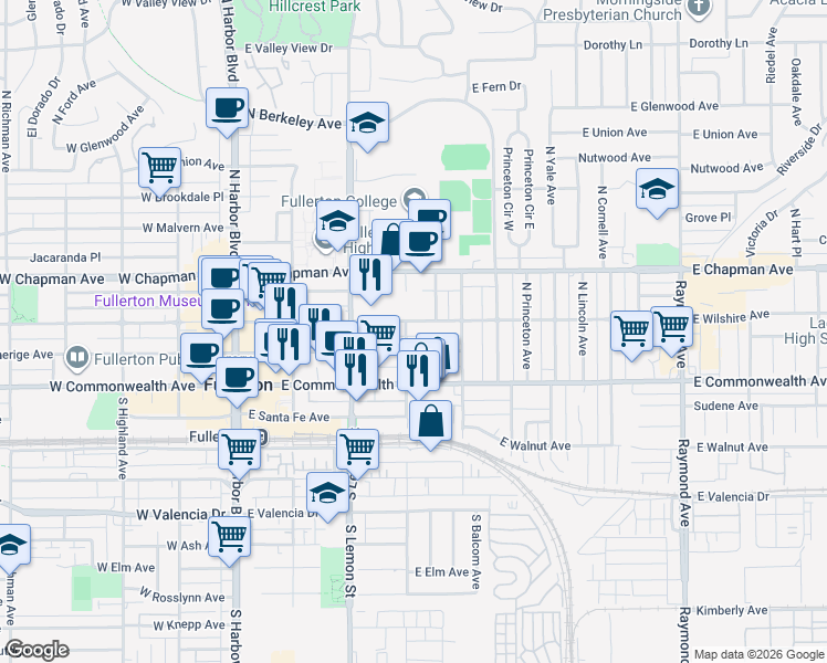 map of restaurants, bars, coffee shops, grocery stores, and more near 342 East Amerige Avenue in Fullerton