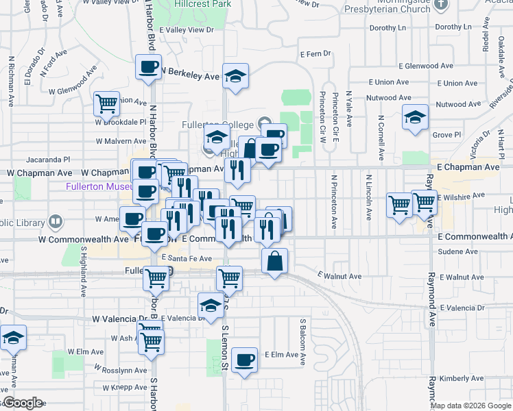 map of restaurants, bars, coffee shops, grocery stores, and more near 337-399 East Amerige Avenue in Fullerton