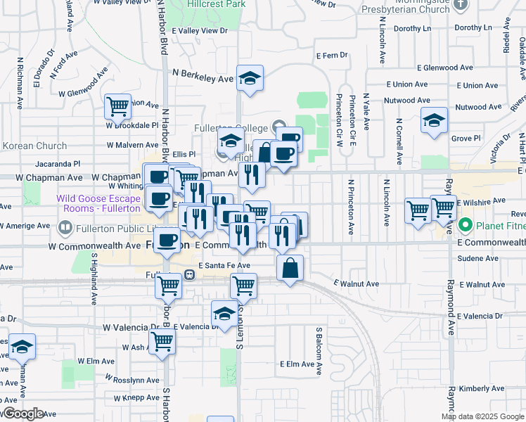 map of restaurants, bars, coffee shops, grocery stores, and more near 342 East Amerige Avenue in Fullerton
