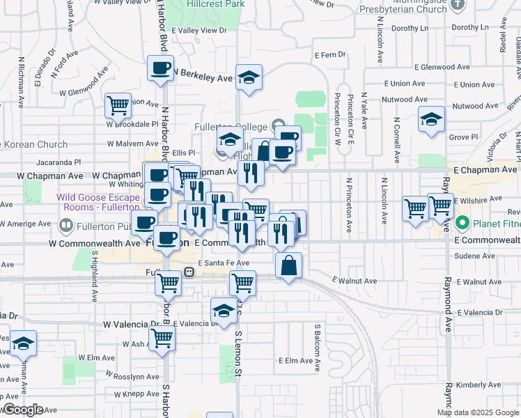 map of restaurants, bars, coffee shops, grocery stores, and more near 342 East Amerige Avenue in Fullerton