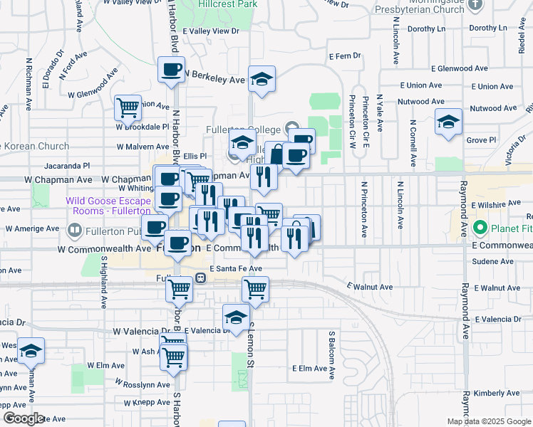 map of restaurants, bars, coffee shops, grocery stores, and more near in Fullerton
