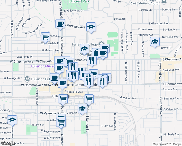 map of restaurants, bars, coffee shops, grocery stores, and more near in Fullerton