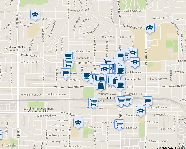 map of restaurants, bars, coffee shops, grocery stores, and more near 202 North Highland Avenue in Fullerton