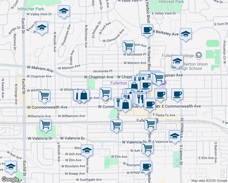 map of restaurants, bars, coffee shops, grocery stores, and more near in Fullerton
