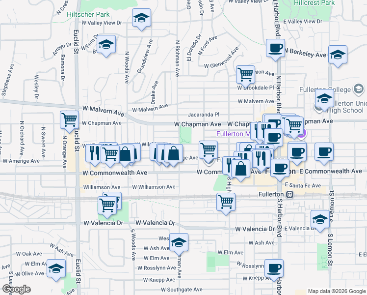 map of restaurants, bars, coffee shops, grocery stores, and more near 206 North Richman Avenue in Fullerton