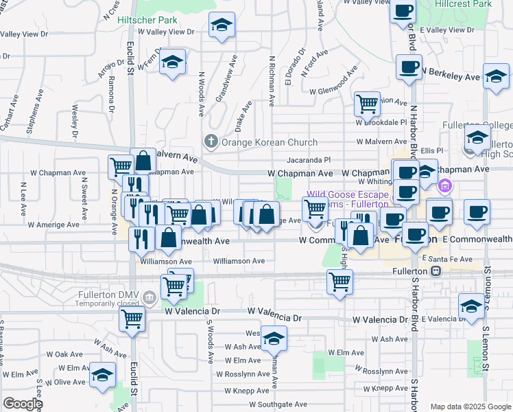 map of restaurants, bars, coffee shops, grocery stores, and more near 531 West Amerige Avenue in Fullerton