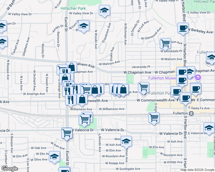 map of restaurants, bars, coffee shops, grocery stores, and more near 613 West Amerige Avenue in Fullerton