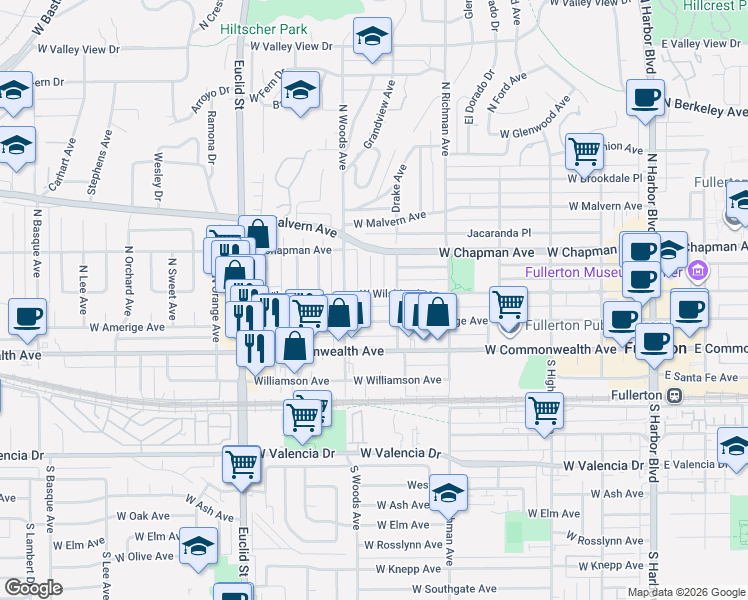 map of restaurants, bars, coffee shops, grocery stores, and more near 613 West Amerige Avenue in Fullerton