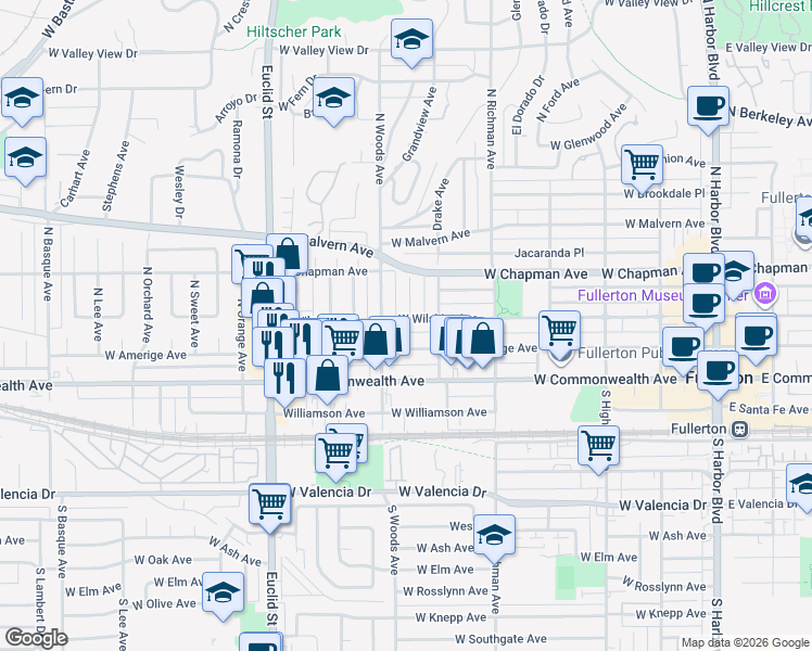 map of restaurants, bars, coffee shops, grocery stores, and more near 613 West Amerige Avenue in Fullerton