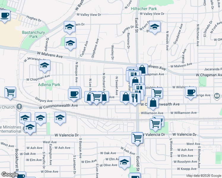 map of restaurants, bars, coffee shops, grocery stores, and more near 208 North Orchard Avenue in Fullerton