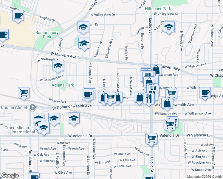 map of restaurants, bars, coffee shops, grocery stores, and more near 205 Michael Avenue in Fullerton