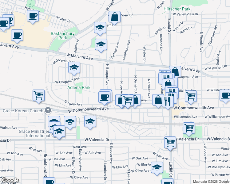 map of restaurants, bars, coffee shops, grocery stores, and more near 1541 West Amerige Avenue in Fullerton