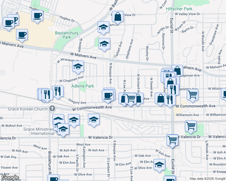 map of restaurants, bars, coffee shops, grocery stores, and more near 221 North Basque Avenue in Fullerton