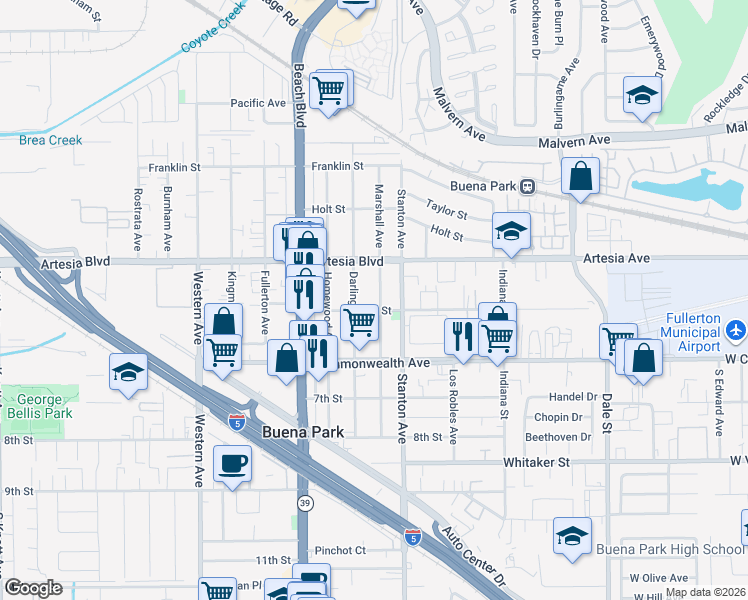 map of restaurants, bars, coffee shops, grocery stores, and more near 6132 Marshall Avenue in Buena Park