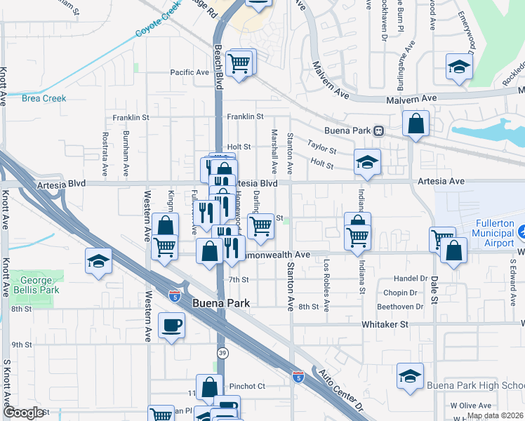 map of restaurants, bars, coffee shops, grocery stores, and more near 6131 Darlington Avenue in Buena Park