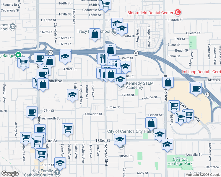map of restaurants, bars, coffee shops, grocery stores, and more near 17533 Norwalk Boulevard in Artesia