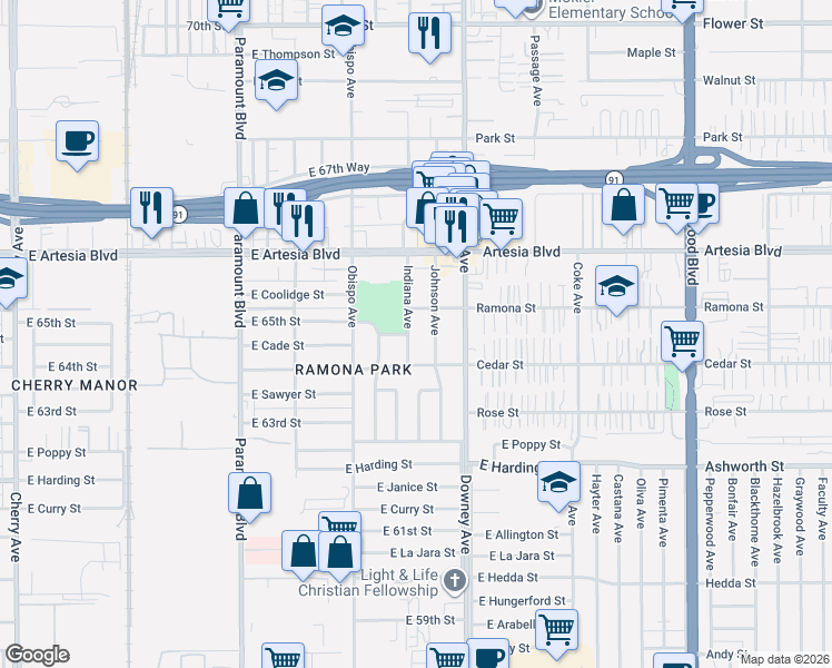 map of restaurants, bars, coffee shops, grocery stores, and more near 6420 Indiana Avenue in Long Beach
