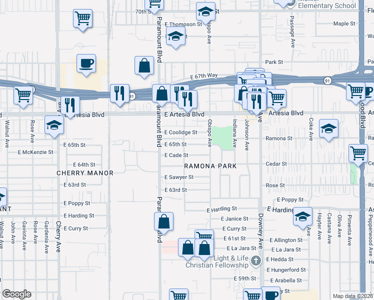 map of restaurants, bars, coffee shops, grocery stores, and more near 6425 Orizaba Avenue in Long Beach