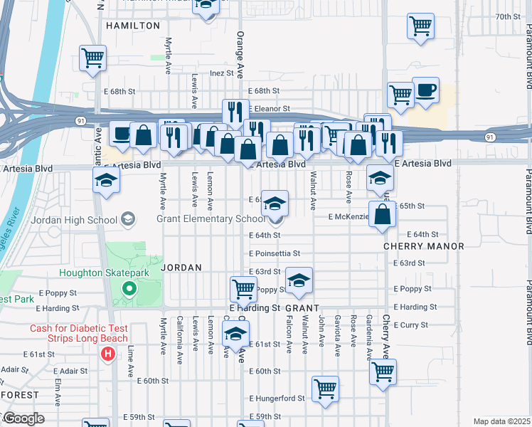 map of restaurants, bars, coffee shops, grocery stores, and more near 1313 East 64th Street in Long Beach