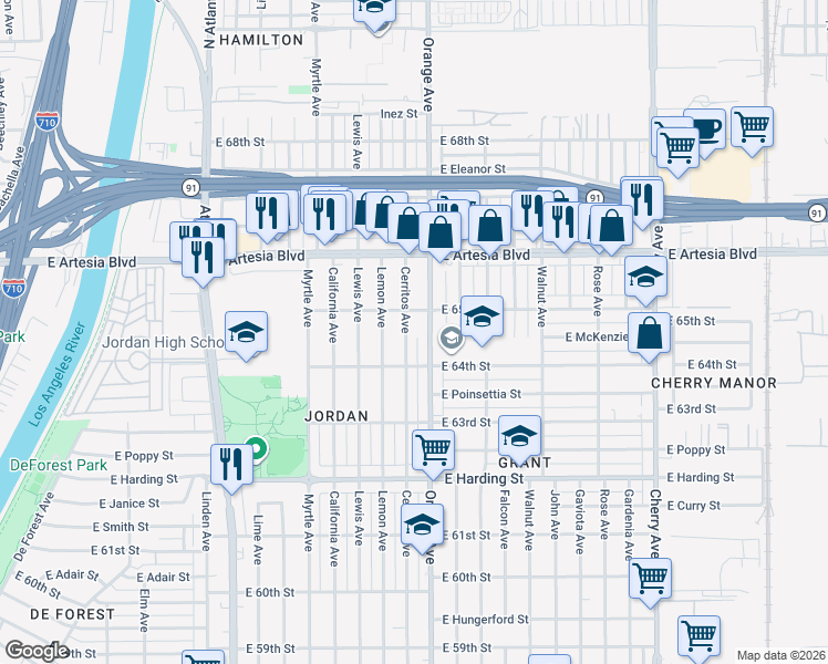 map of restaurants, bars, coffee shops, grocery stores, and more near 6425 Orange Avenue in Long Beach