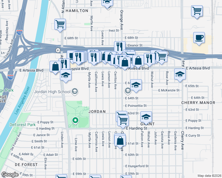 map of restaurants, bars, coffee shops, grocery stores, and more near 6420 Lemon Avenue in Long Beach