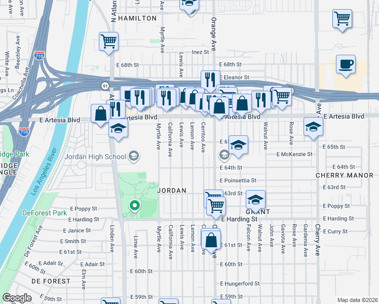 map of restaurants, bars, coffee shops, grocery stores, and more near 6420 Lemon Avenue in Long Beach