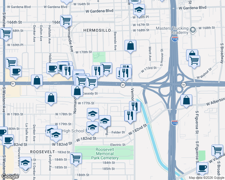 map of restaurants, bars, coffee shops, grocery stores, and more near 1110 West Cassidy Street in Gardena
